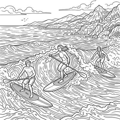 Experience the thrill of the ocean with this dynamic Stand Up Paddle Surfers coloring page. Capture the energy of riders catching waves against a stunning backdrop of mountains and sea.