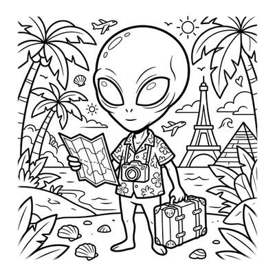 Embark on an out-of-this-world journey with our Dover Demon Vacation coloring page, perfect for anyone who loves unique characters and travel. This delightful illustration captures a friendly alien tourist exploring famous landmarks, ready for your creative touch.