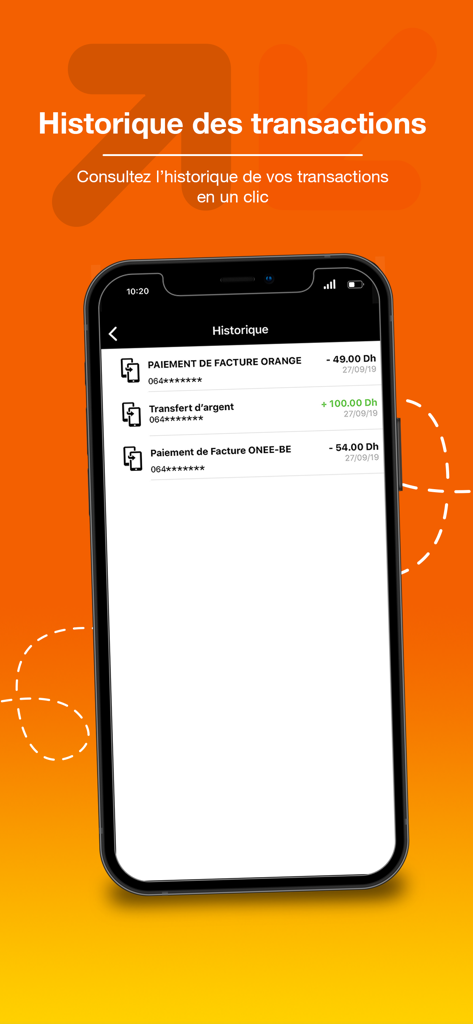 Orange Money Maroc app screen showing transaction history for bills and transfers