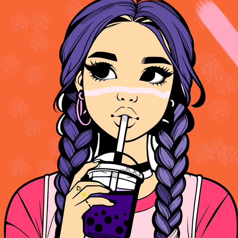 realistic girl with braided hair drinking boba