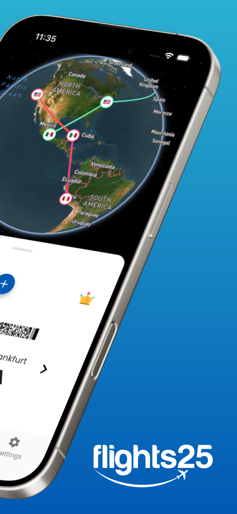 Flight tracker app showing international flight paths on a 3D globe