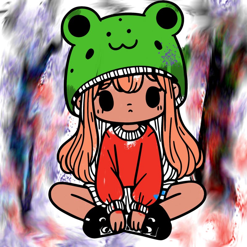 a girl wearing a frog hat and some frog socks