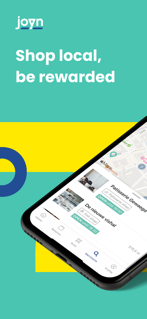 A smartphone displaying the Joyn app interface with local merchant listings and the slogan Shop local be rewarded.