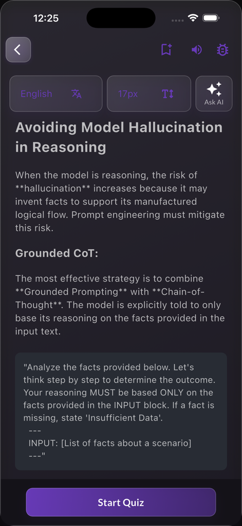 Learn AI Prompt Engineering - Lesson on avoiding AI hallucination using Grounded Chain-of-Thought prompting within the app.