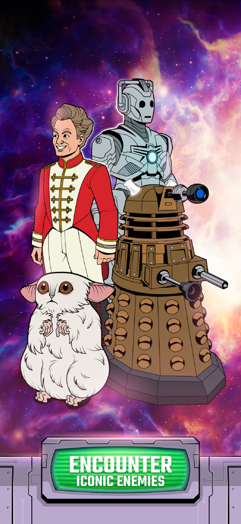Doctor Who: Lost In Time - Iconic Doctor Who enemies including a Dalek and a Cyberman against a cosmic background