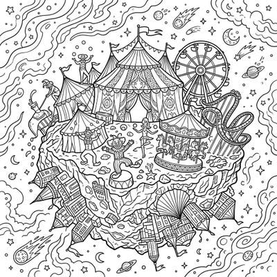 Dive into a spectacular space carnival right on the Vesta asteroid with this imaginative coloring page. Featuring festive circus tents, thrilling rides, and joyful performers, it promises an out-of-this-world coloring experience.