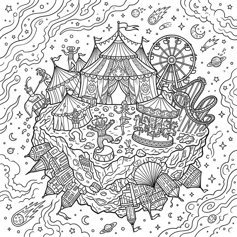 Dive into a spectacular space carnival right on the Vesta asteroid with this imaginative coloring page. Featuring festive circus tents, thrilling rides, and joyful performers, it promises an out-of-this-world coloring experience.