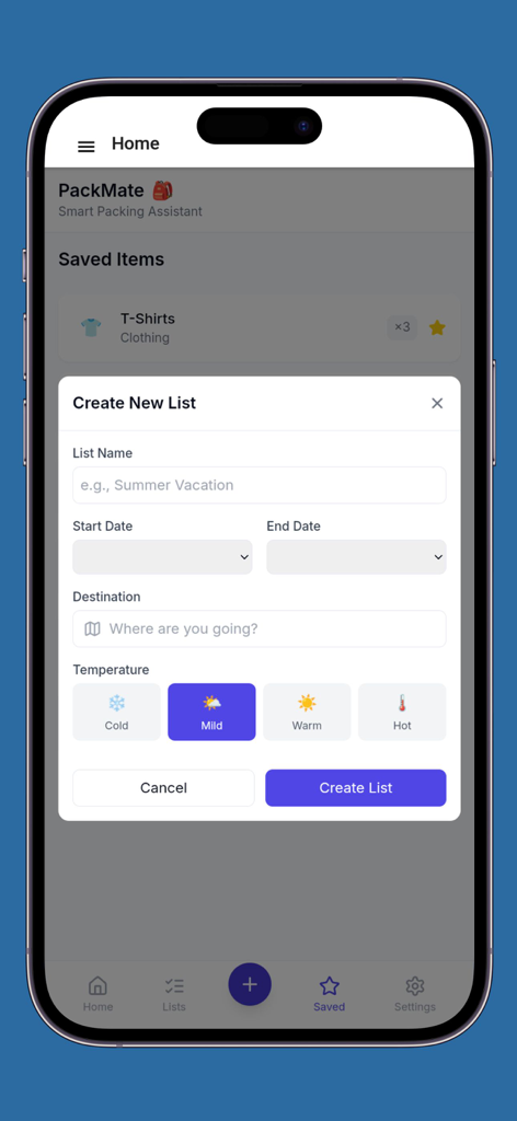 Packing list - checklist - Interface for creating a new packing list with destination and temperature settings