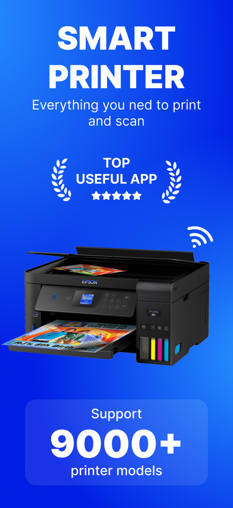 Smart Printer Wireless: iPrint - Grafica promozionale per l'app Smart Printer Wireless che mostra il supporto per oltre 9000 modelli di stampante e un badge di app valutata al top.