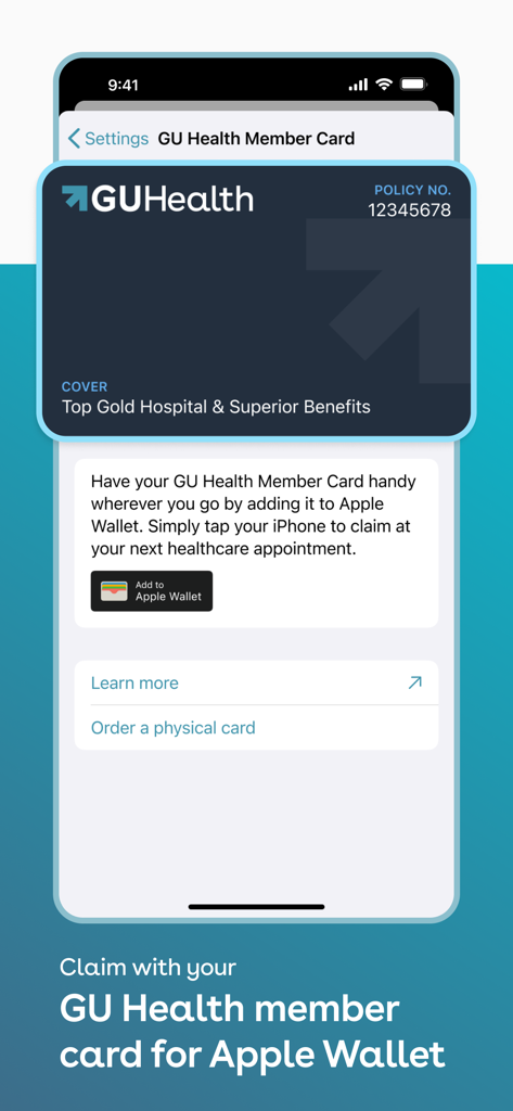GU Health - Interface digital do cartão de membro GU Health com integração Apple Wallet