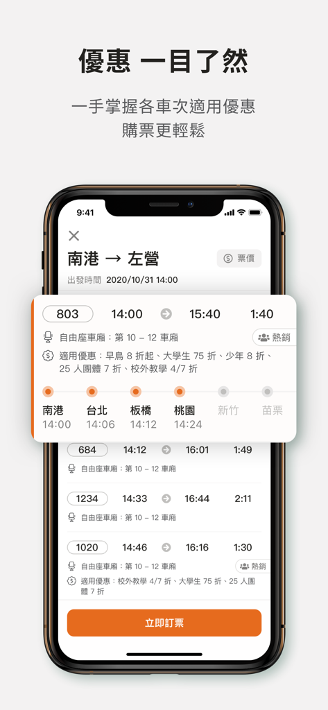 台灣高鐵 - Taiwan High Speed Rail app showing train schedule and booking discounts