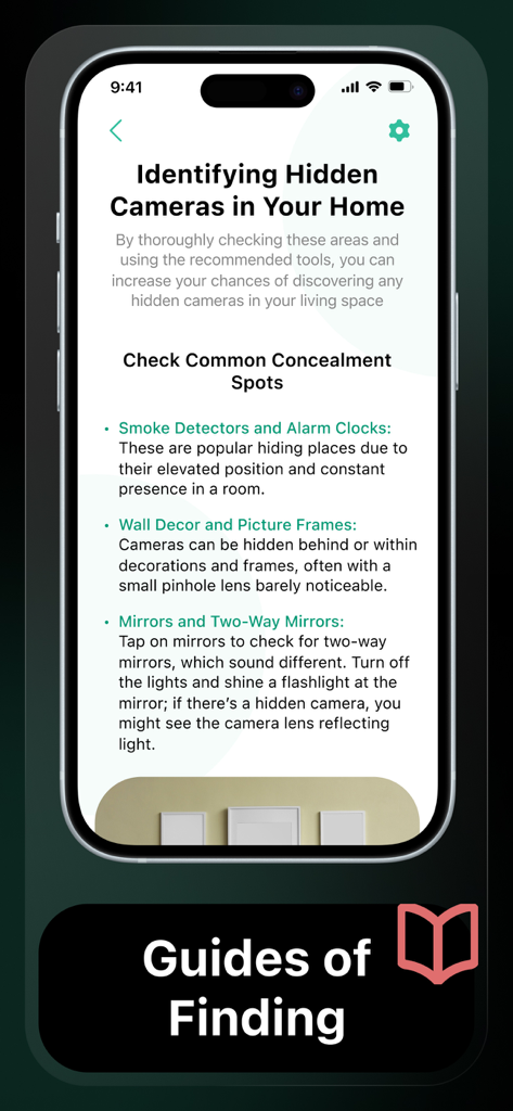 Hidden Device－Detector, Camera - Guías educativas para encontrar cámaras ocultas en lugares comunes dentro de una casa o alquiler.