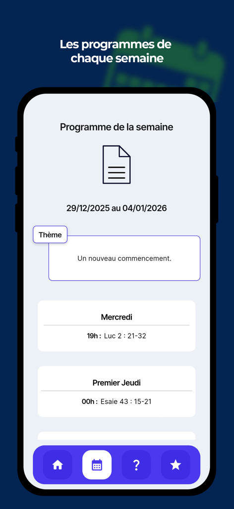 Guide ECC - Interface de l'application Guide ECC affichant le programme spirituel hebdomadaire et les lectures bibliques