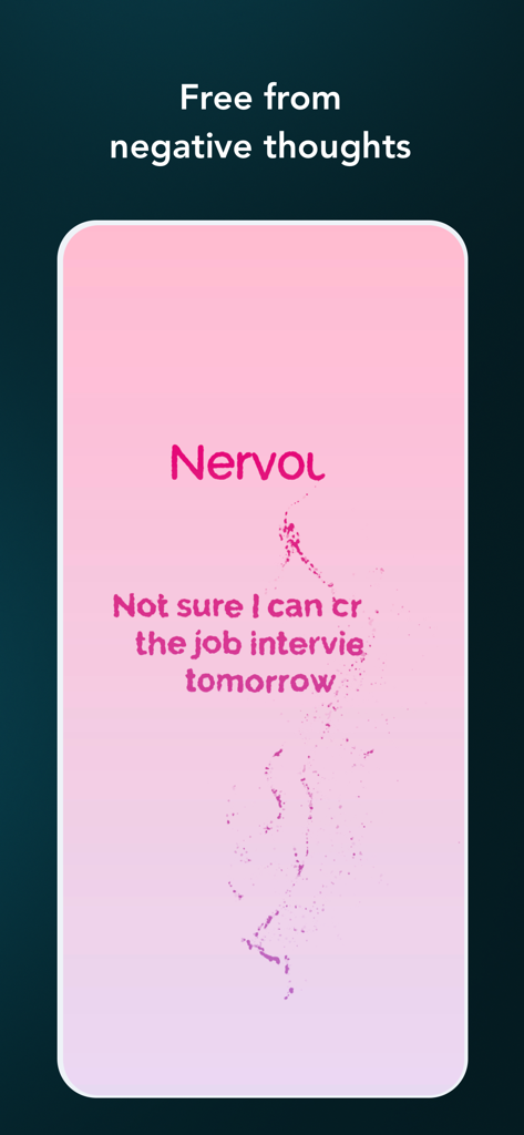 Pause: daily mindfulness - Pause app screen displaying a pink card with nervous thoughts being dissolved for stress relief