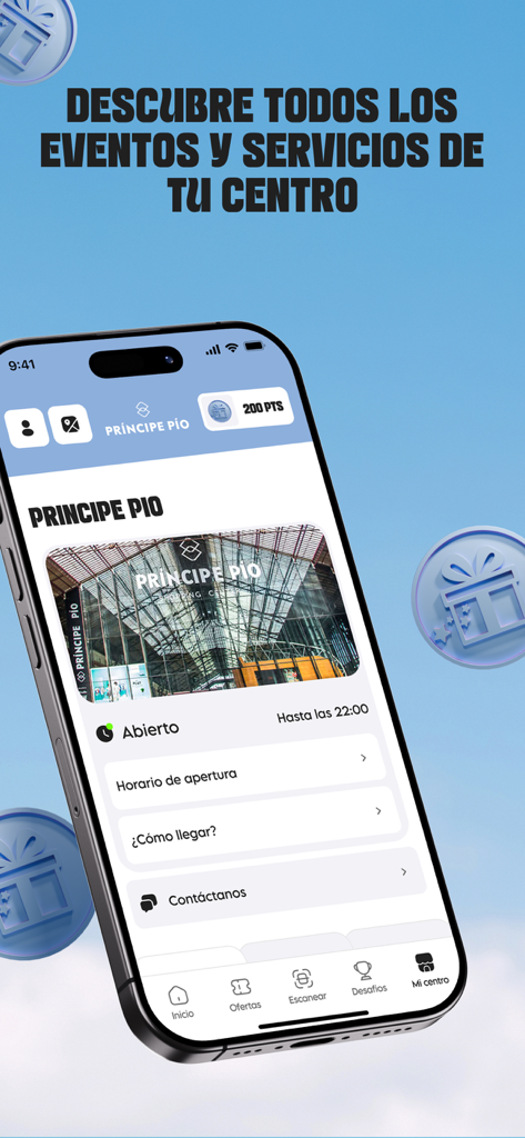 Príncipe Pío & YO - プリンシペ・ピオショッピングモールのロイヤルティアプリのサービスと営業時間を示すスマートフォンの画面