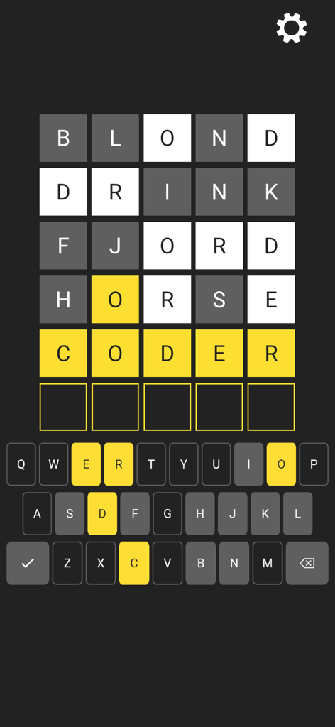 Word Search: Word Guess Puzzle - A 5 letter word search puzzle game interface with a keyboard and word attempts