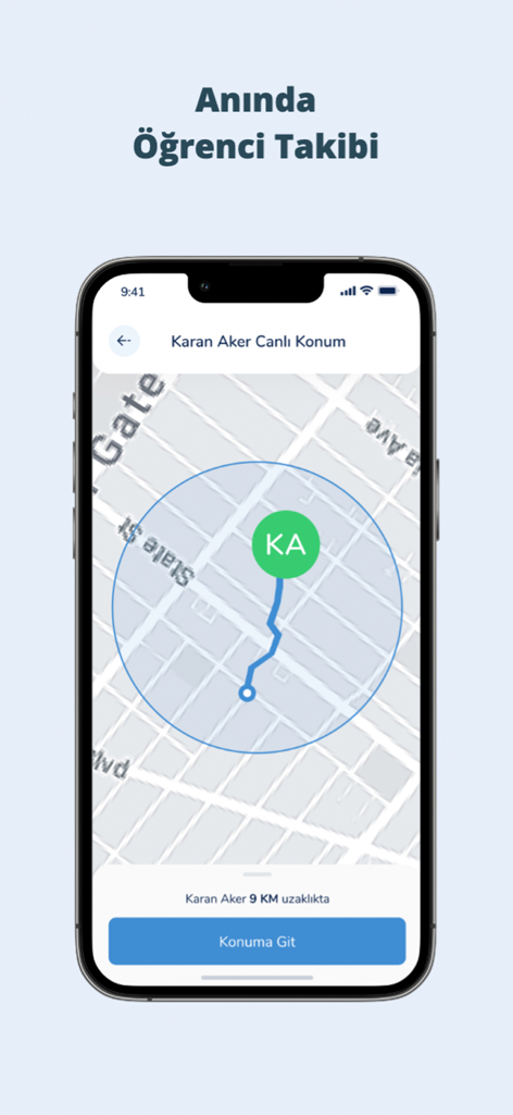 Okulyo app showing live student location tracking on a city map