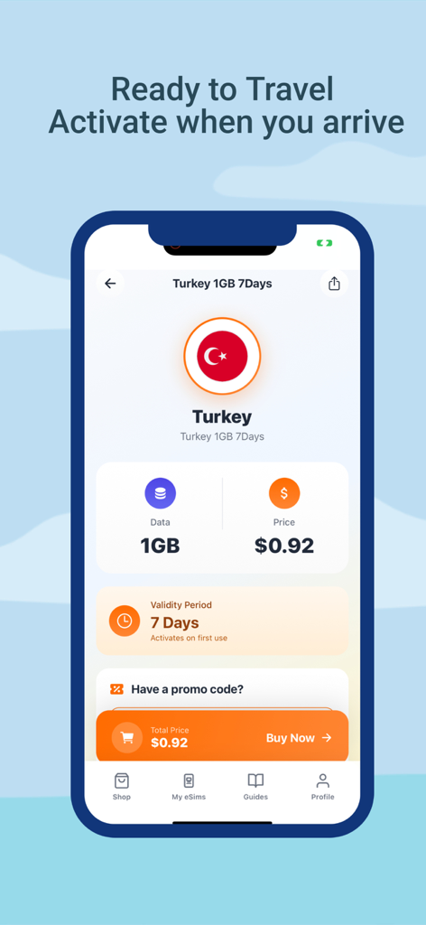 eSimFly - eSimFly app interface showing a cheap mobile data plan for Turkey