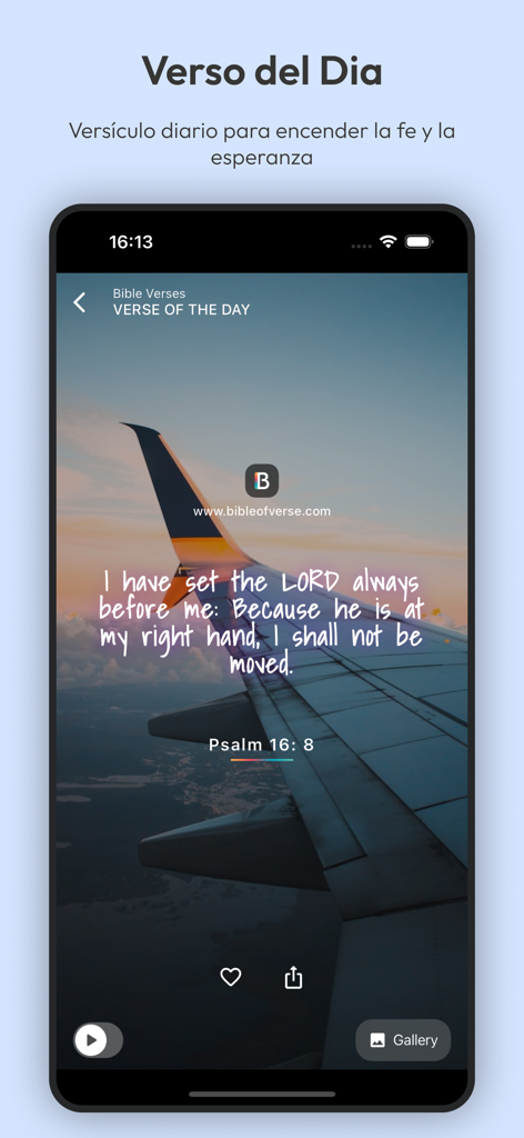 Himnario Adventista App showing the daily Bible verse Psalm 16:8 over a background image of an airplane wing in the sky.