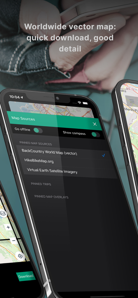 BackCountry Navigator XE app interface showing worldwide vector map sources on a smartphone screen.