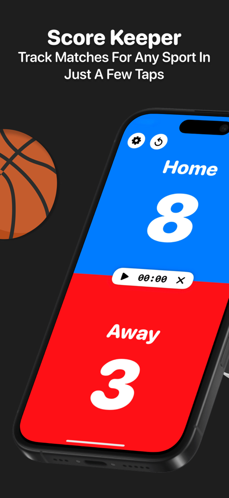 A smartphone displaying a digital scoreboard with blue and red sections for Home and Away scores including a match timer and basketball icon.
