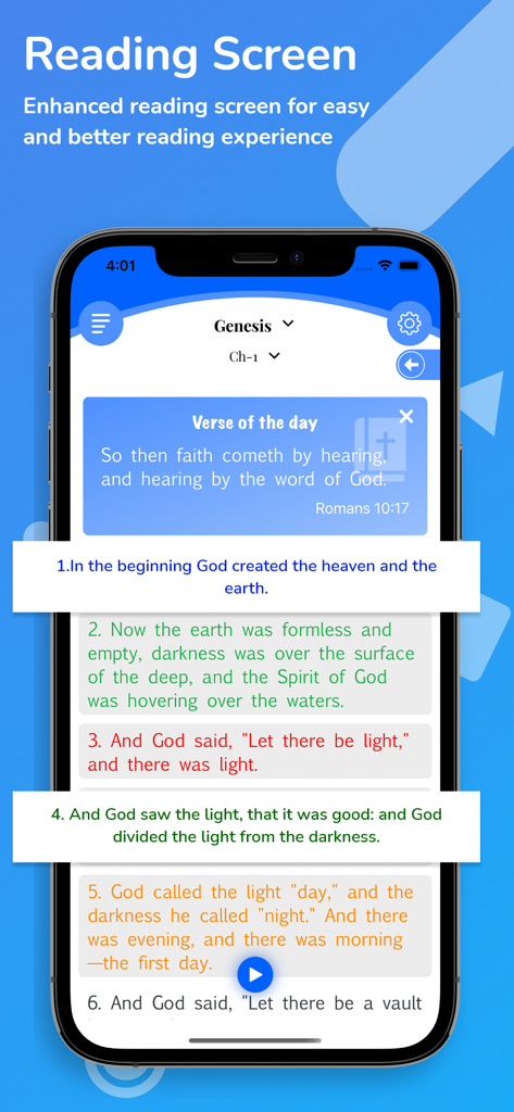 Amplified Bible (AMP) Audio* - Reading screen of the Amplified Bible app displaying verses from Genesis and an audio feature.