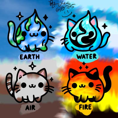 4 cats that represent the different elements, earth, water, air, and fire