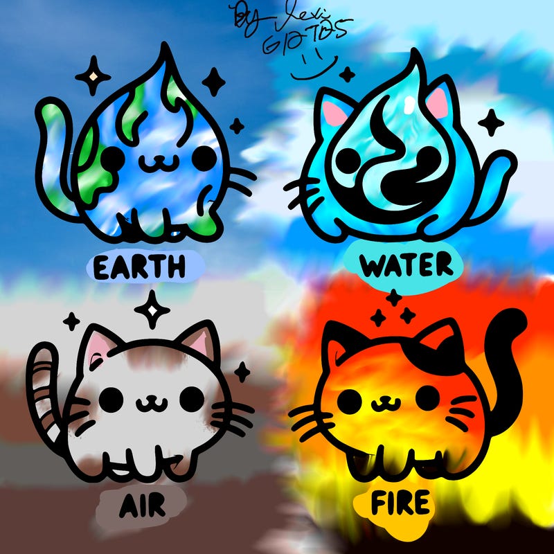 4 cats that represent the different elements, earth, water, air, and fire