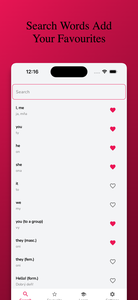 Slovak Learning - Beginners - Interfaz de la aplicación de aprendizaje de idiomas eslovacos que muestra una lista de pronombres con iconos de corazón para añadir a favoritos.