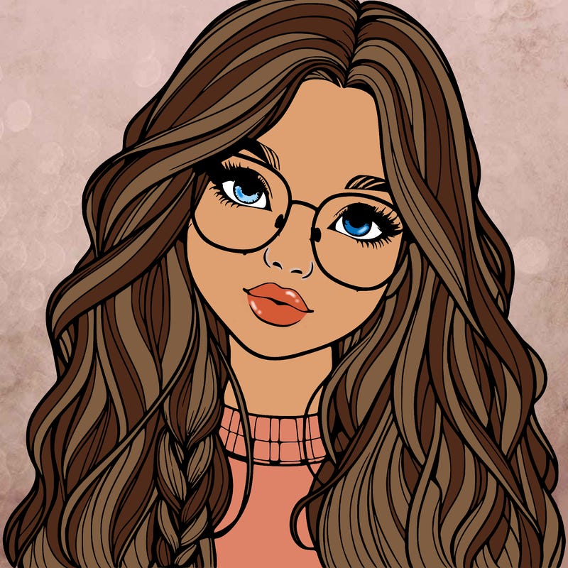girl with long hair and freckles and glasses realistic