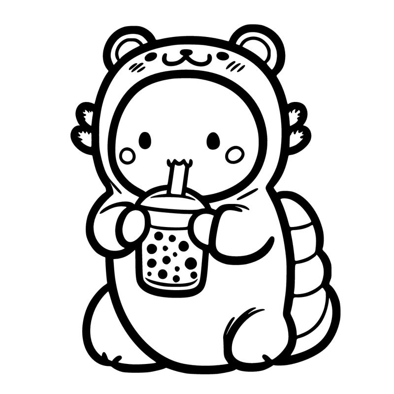 cute axolotl in the bear onesie drinking boba