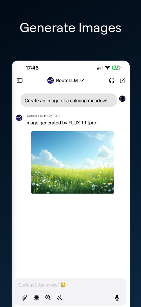 ChatLLM: AI Assistant & Chat - Interfaz de la aplicación ChatLLM que muestra una imagen generada de un prado relajante a partir de una indicación de texto