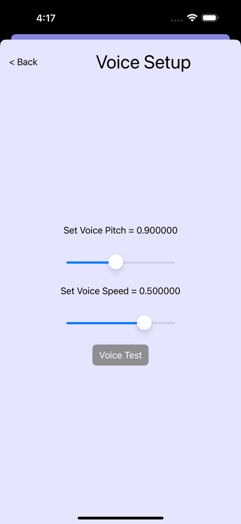 Pilot Checklist - Voice setup screen in the Pilot Checklist app with sliders for pitch and speed settings.