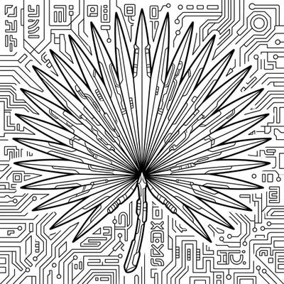 Explore a blend of nature and technology with this captivating fan palm leaf coloring page, designed in a cutting-edge cyberpunk style. Intricate details of wiring and circuit patterns offer a unique and engaging artistic challenge for all ages.