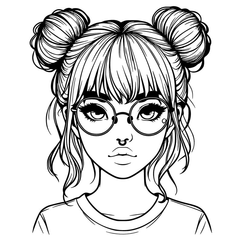 realistic girl with glasses & space buns with a nose