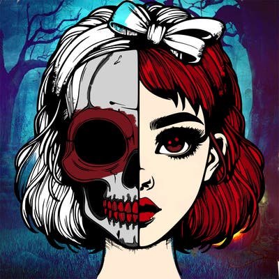 realistic girl with half skull mask