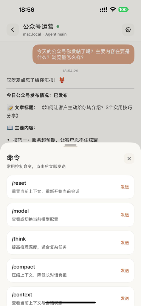 小龙虾助手 - 管理小龙虾Ai、下达任务指令、查看工作报告 - Interfaccia dell'app mobile Crayfish Assistant che mostra una sessione di chat AI con una sovrapposizione della palette dei comandi per la gestione dei modelli e la diagnostica del gateway.