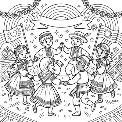 Bring this heartwarming folk dance scene to life with your favorite colors, celebrating unity and culture during Pride Month. Young artists will love coloring these diverse children in their traditional outfits, surrounded by symbols of joy and inclusivity.