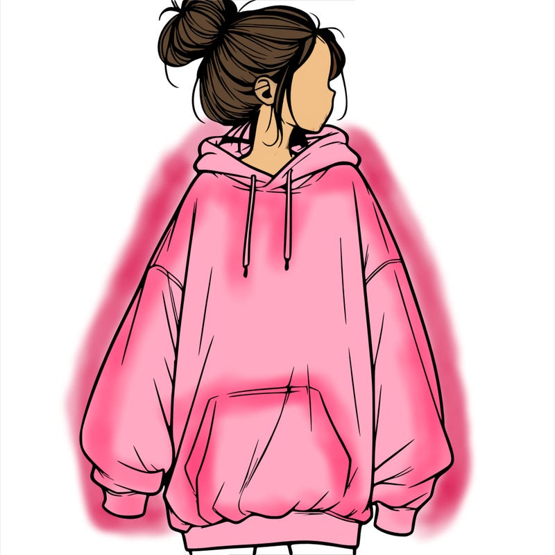 realistic girl with a oversized sweatshirt on and a bun
