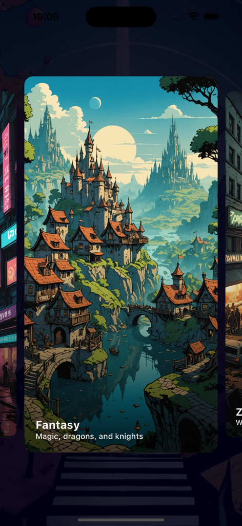 The Pathways - Infinite RPG - Selection screen for the Fantasy world in The Pathways text-based RPG app featuring a medieval castle and village illustration