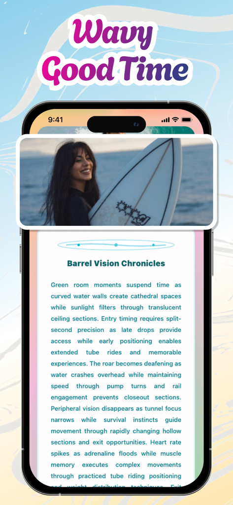 Telmo - Telmo app interface displaying a surfing guide and a woman holding a surfboard