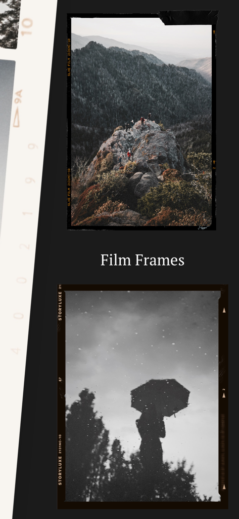 Storyluxe: Templates & Filters - Interfaz de la aplicación Storyluxe mostrando plantillas de marcos de película vintage para historias de redes sociales