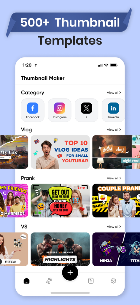 Thumbnail Maker For YT studios - Interfaz de una aplicación móvil que muestra más de 500 plantillas de miniaturas para creadores de YouTube y redes sociales