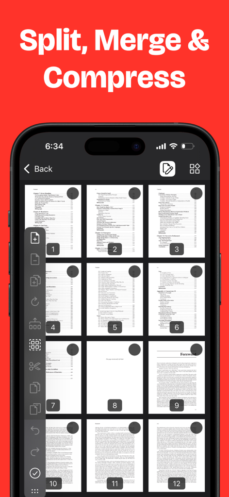 PDF Expert: Edit Sign PDFs - Interface of the PDF Expert app showing a document page grid for splitting merging and compressing files