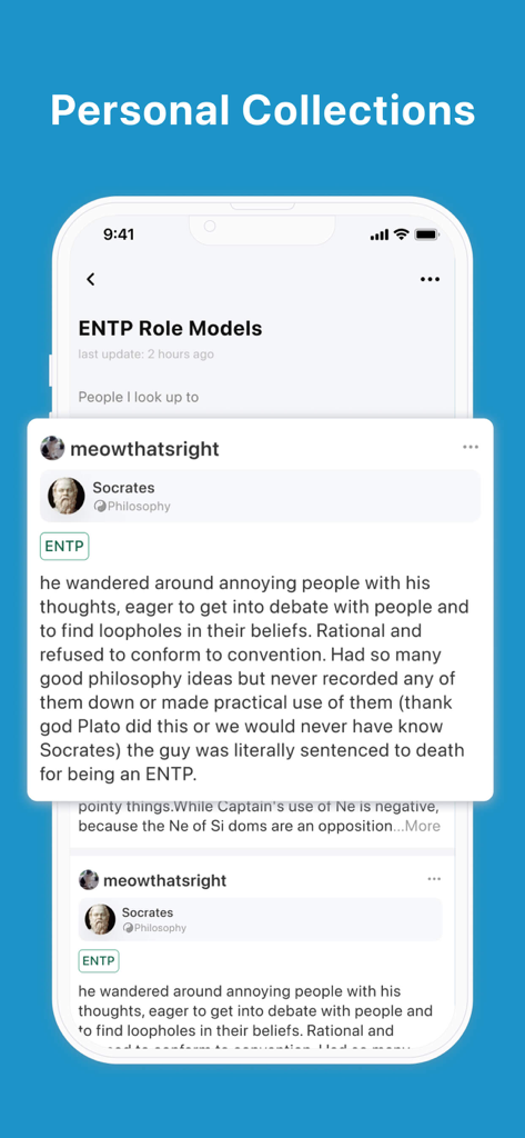 The Typology App - Pdb Classic - Interface mobile de PDB Classic montrant une collection personnalisée de modèles de rôle ENTP incluant un profil pour Socrate.
