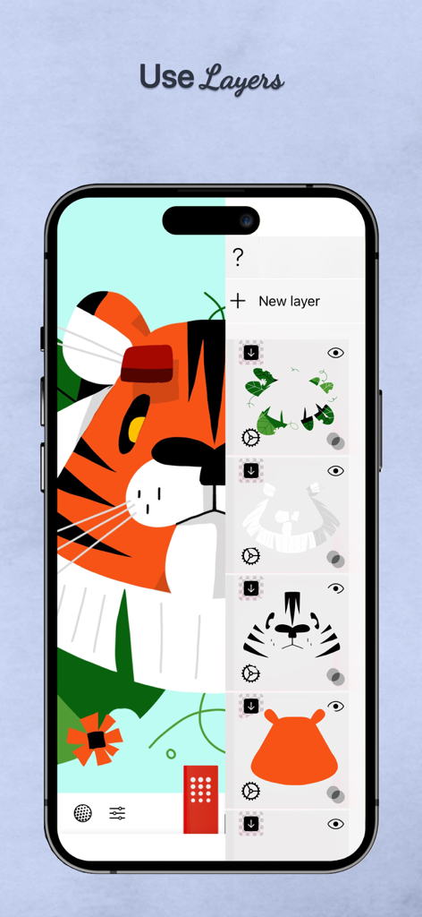 タイガーのイラストのために、複数の描画レイヤーが表示されているTayasui Watercolorアプリのインターフェイス