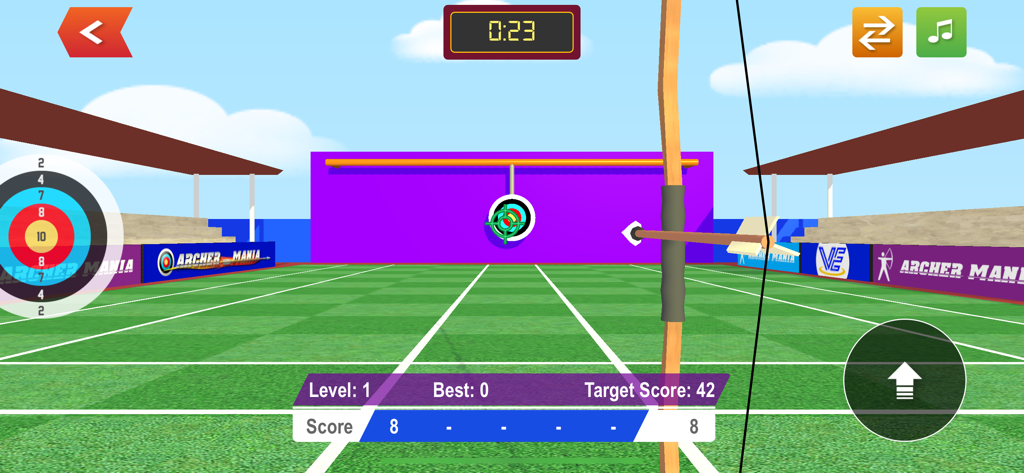 Ego-Perspektive des Zielens eines Bogens auf eine Zielscheibe in Archer Mania.