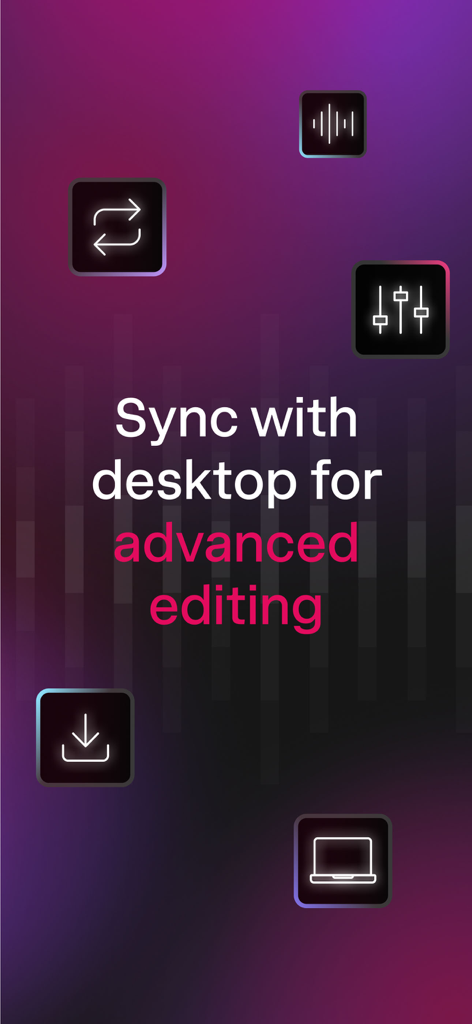 Ein Werbebildschirm für Udio, der Desktop-Synchronisierung und erweiterte Musikbearbeitungsfunktionen mit Symbolen für Mischung und Geräteintegration zeigt