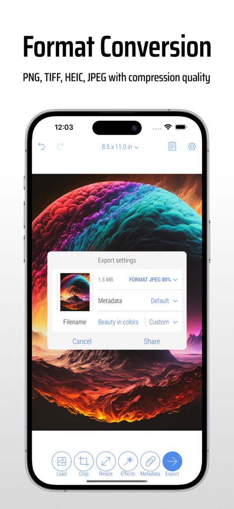 CropSize app interface showing image export and format conversion settings on a smartphone