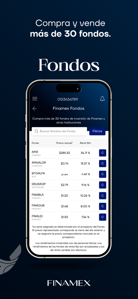 Finamex mobile app interface showing a list of investment funds with current prices and performance data